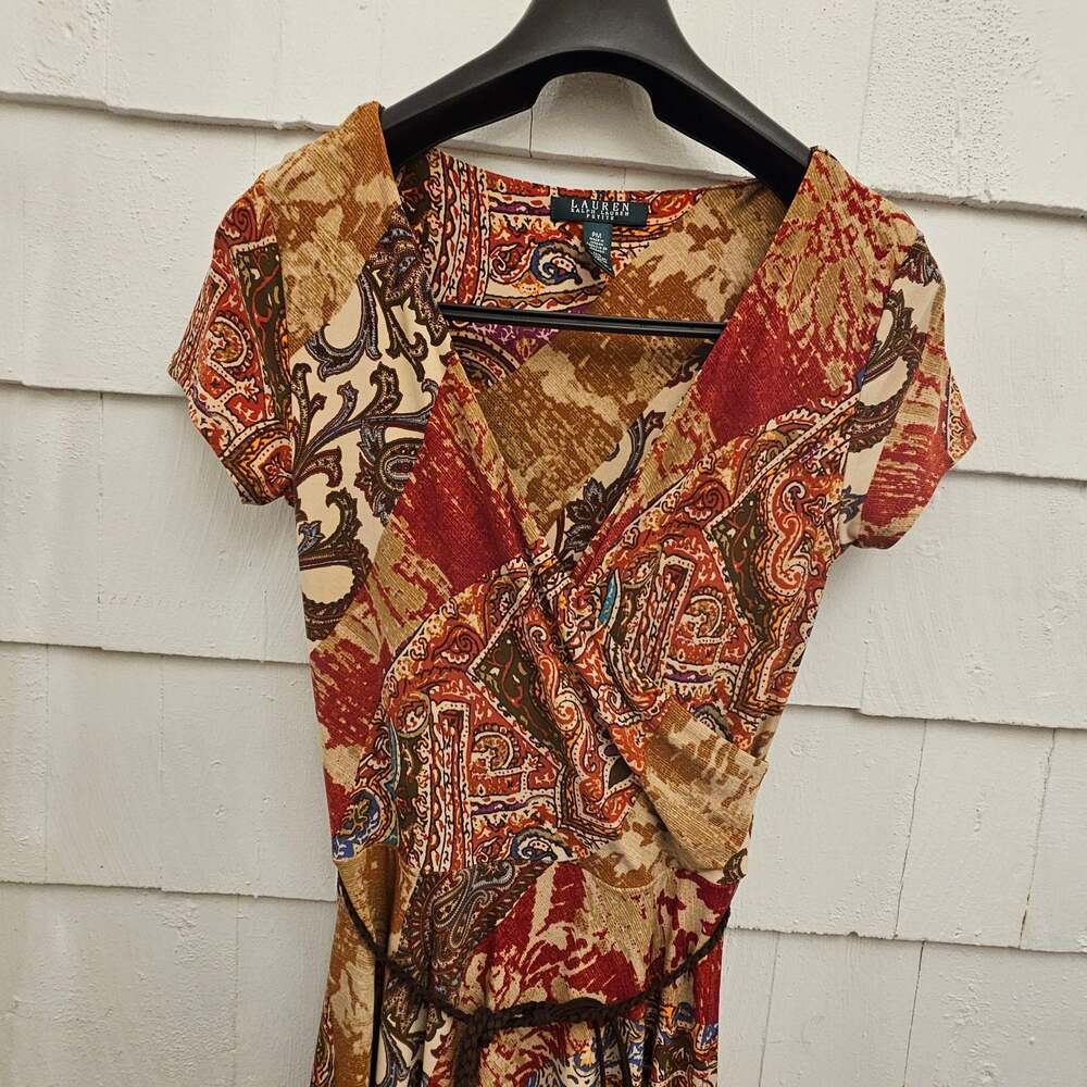 Lauren Ralph Lauren Paisley Faux Wrap Belted Dress Petite Medium - Picture 6 of 6